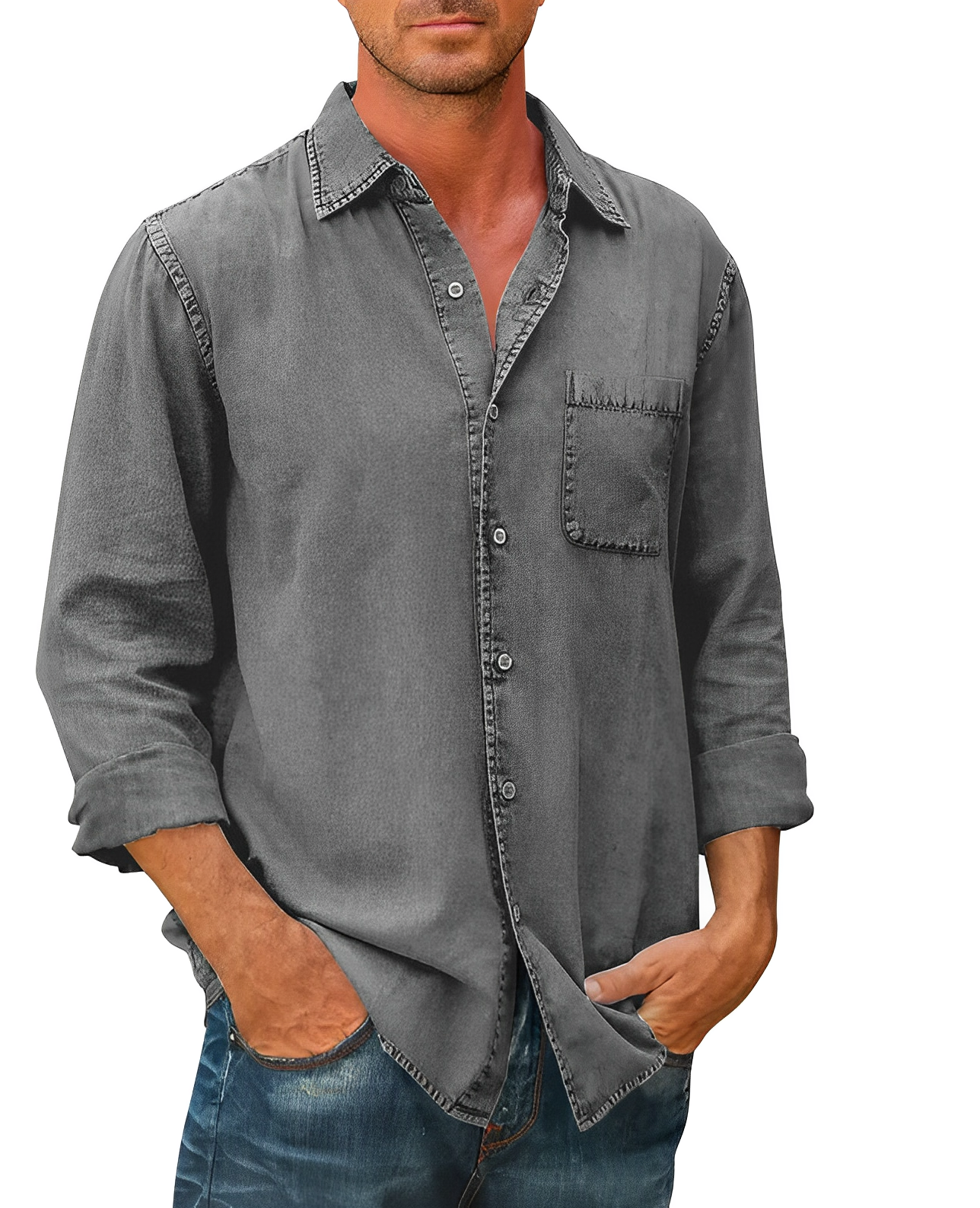 Denim Hemd | Kragen | Knopfleiste | Langarmhemd | Herrenbekleidung-Grau-S-Chaps Herrenmode
