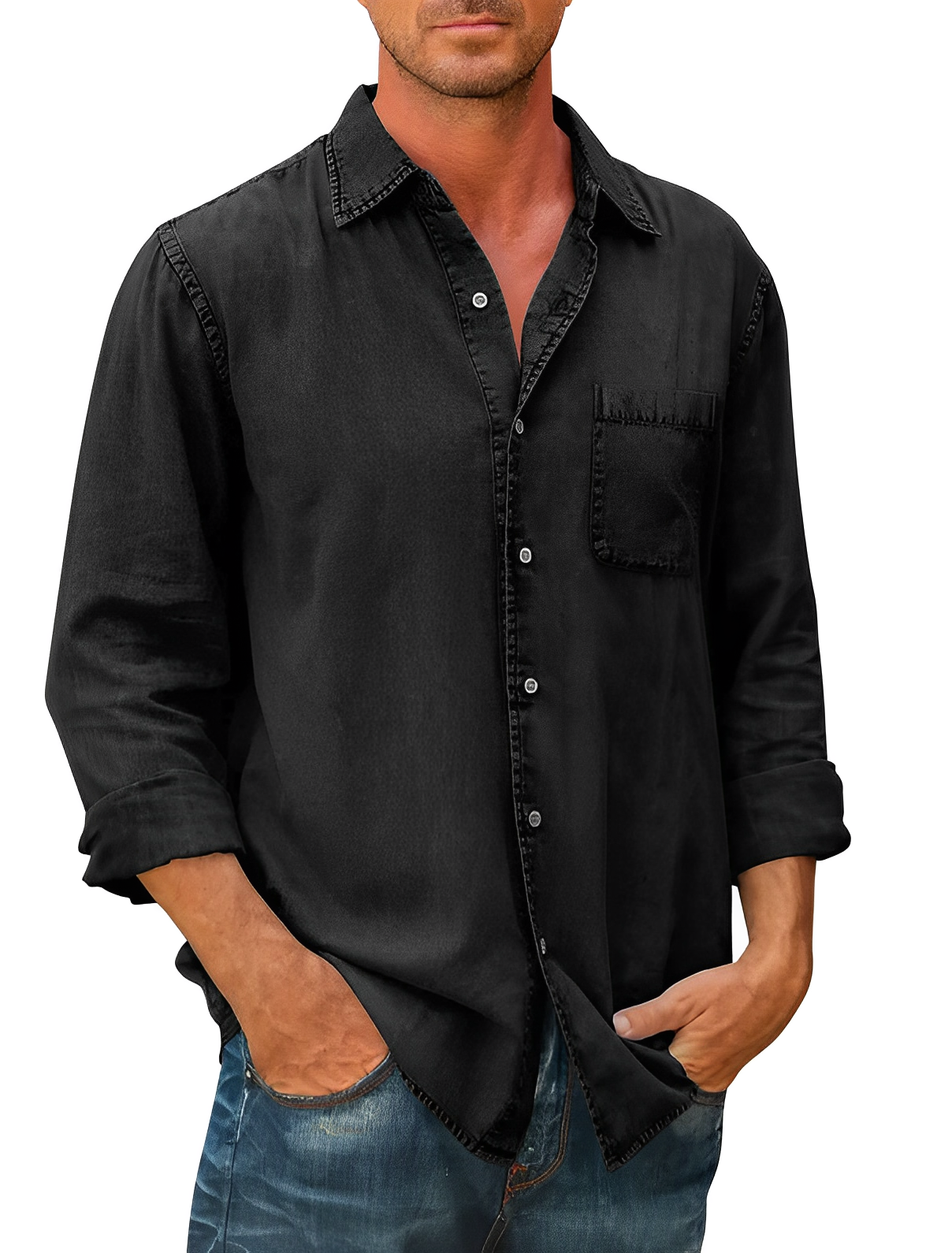 Denim Hemd | Kragen | Knopfleiste | Langarmhemd | Herrenbekleidung-Schwarz-S-Chaps Herrenmode