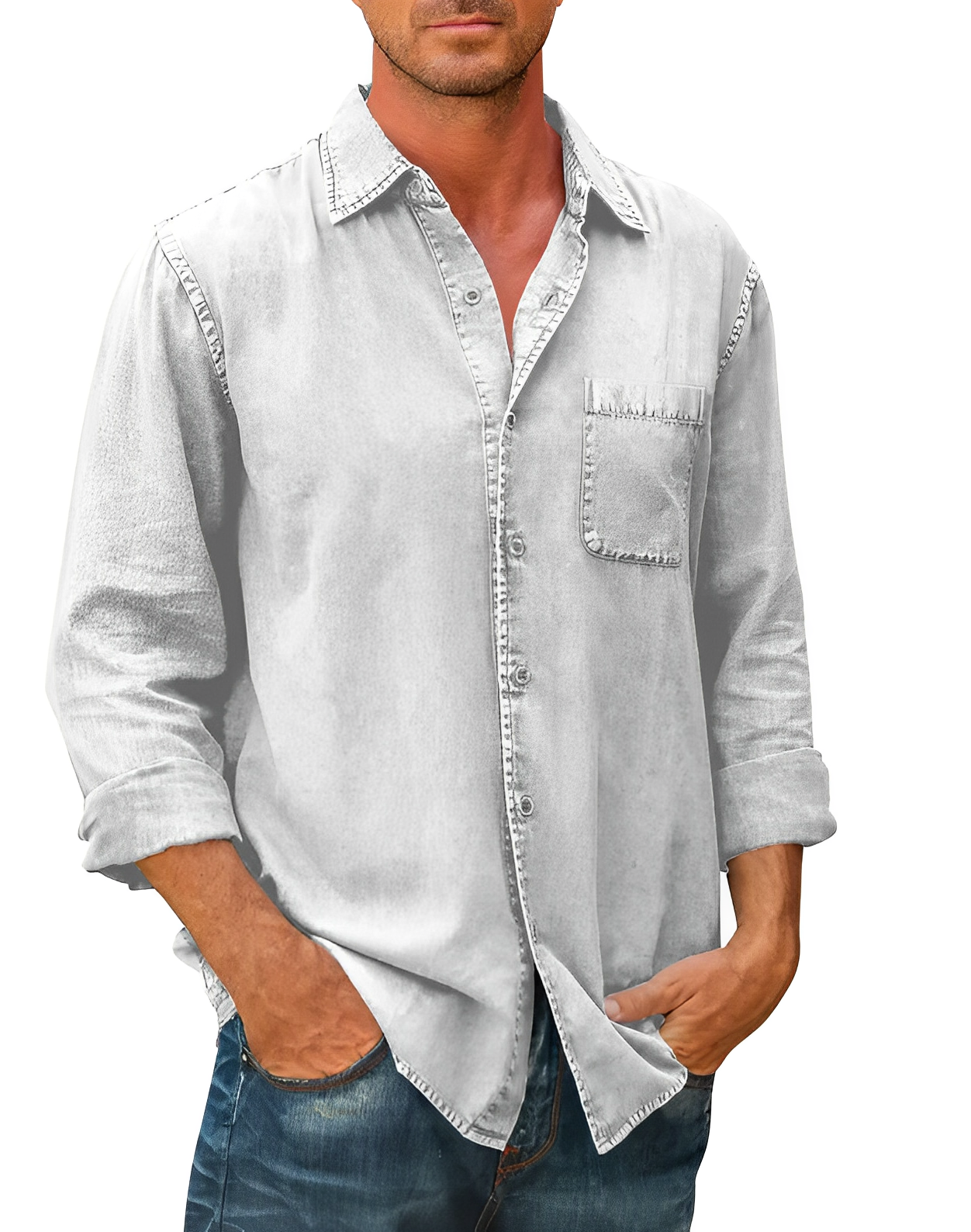 Denim Hemd | Kragen | Knopfleiste | Langarmhemd | Herrenbekleidung-Weiß-S-Chaps Herrenmode
