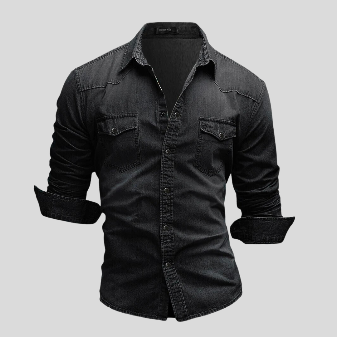 Denim Hemd - Langarm - Slim Fit - Button-Up Hemd - Herrenhemden-Dunkelgrau-S-Chaps Herrenmode