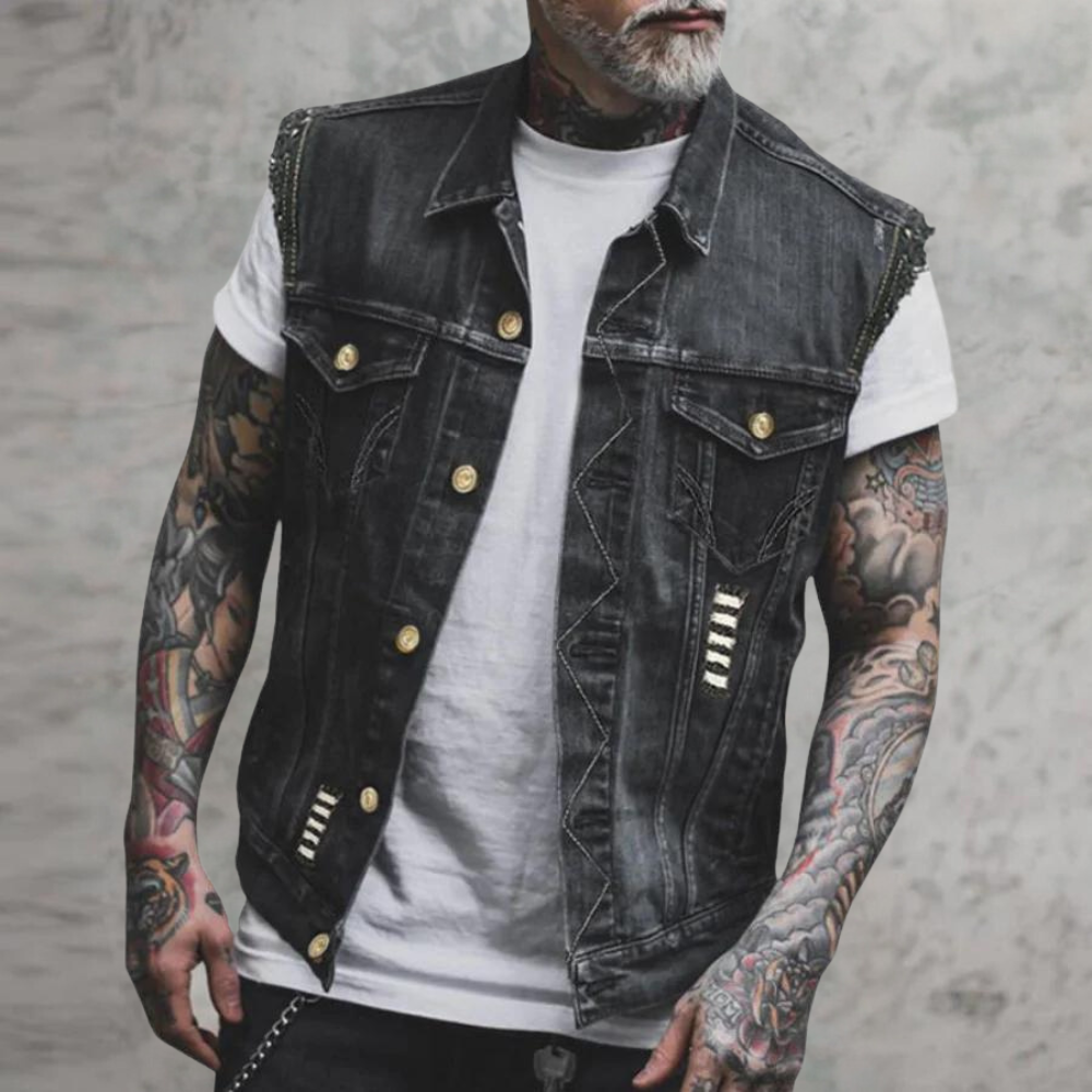 Denim Weste - Herrenweste aus schwarzem, geripptem Denim ohne Ärmel-Chaps Herrenmode