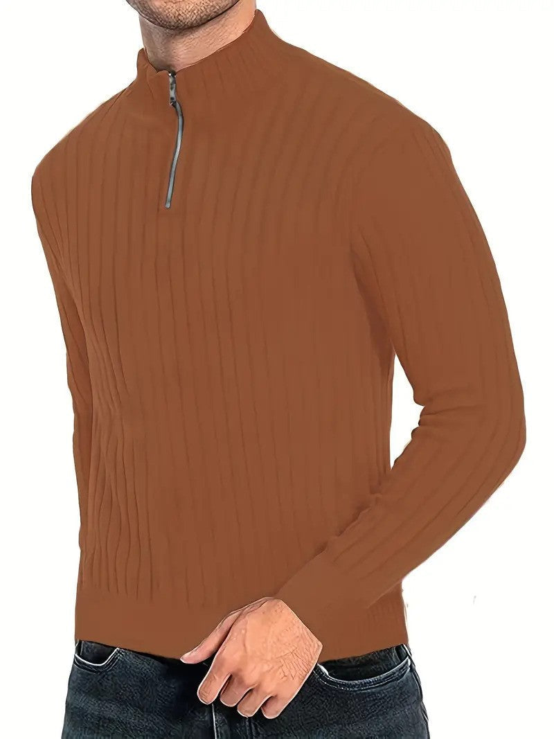 Dwayne Pulli | Herren Strickpullover mit halbem Reißverschluss-Braun-S-Chaps Herrenmode