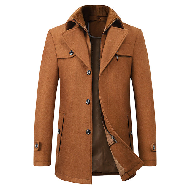 Einreihiger Woll-Trenchcoat für Herren mit Reißverschluss – Wollmantel – Winterjacken für Herren-Braun-M-Chaps Herrenmode