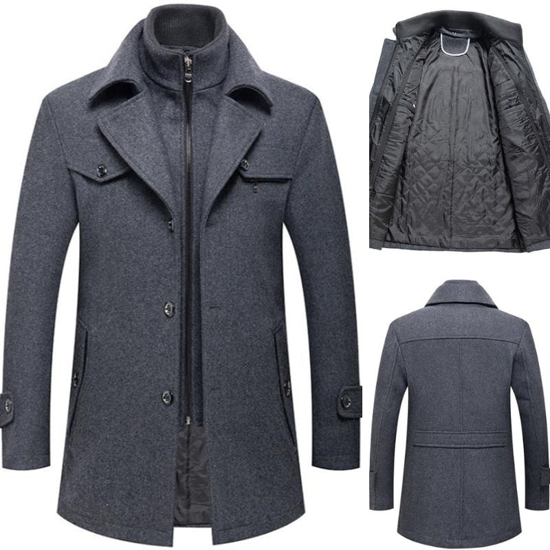 Einreihiger Woll-Trenchcoat für Herren mit Reißverschluss – Wollmantel – Winterjacken für Herren-Grau-M-Chaps Herrenmode