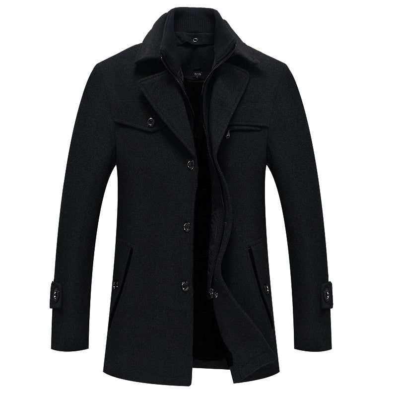 Einreihiger Woll-Trenchcoat für Herren mit Reißverschluss – Wollmantel – Winterjacken für Herren-Schwarz-M-Chaps Herrenmode