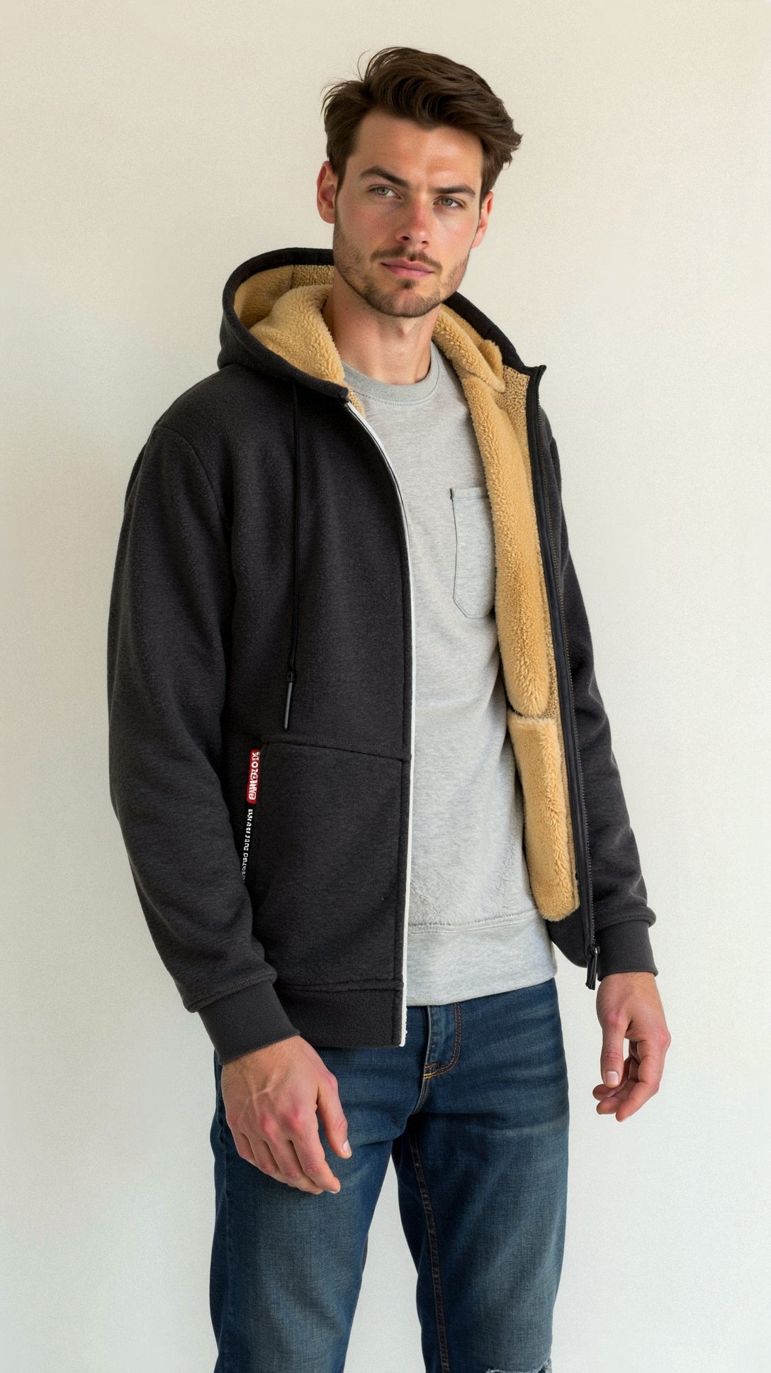 Fellgefütterter Hoodie – Warm – Mit Reißverschluss – Winter-Hoodie – Herren-Hoodie-Jacke-Chaps Herrenmode