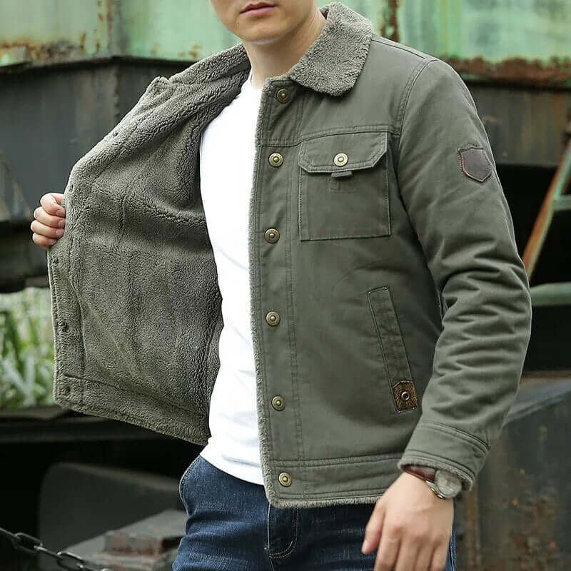 Fleece gefütterte Jacke | Button-Up | Brusttasche | Winterjacke | Herrenjacke-Grün-M-Chaps Herrenmode
