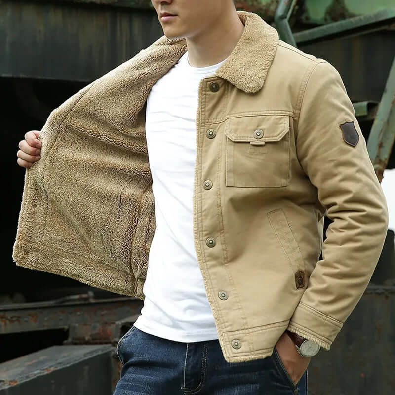 Fleece gefütterte Jacke | Button-Up | Brusttasche | Winterjacke | Herrenjacke-Khaki-M-Chaps Herrenmode