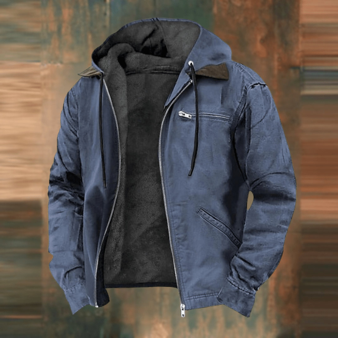 Fleece-gefütterte Jacke – mit Kapuze – mit Reißverschluss – Winterjacke – Herrenjacken-Blau-S-Chaps Herrenmode