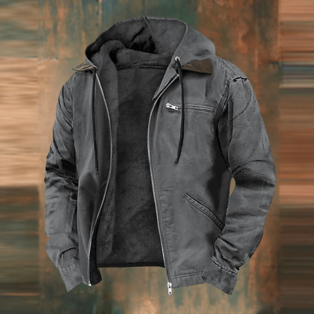 Fleece-gefütterte Jacke – mit Kapuze – mit Reißverschluss – Winterjacke – Herrenjacken-Grau-S-Chaps Herrenmode