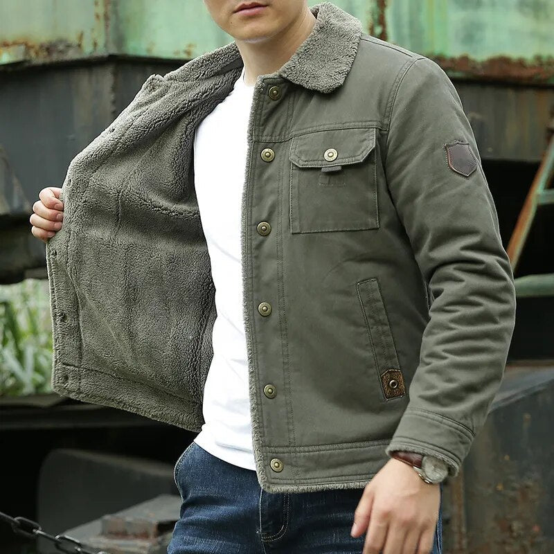 Fliegerjacke – Taschen – mit Knöpfen – Fleece-gefütterte Jacke – Winterjacke für Herren-Armee grün-S-Chaps Herrenmode