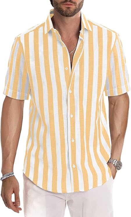 Gestreiftes Hemd | Knopfleiste | Kragen | Kurzarmhemd | Herrenhemd-Gelb-S-Chaps Herrenmode