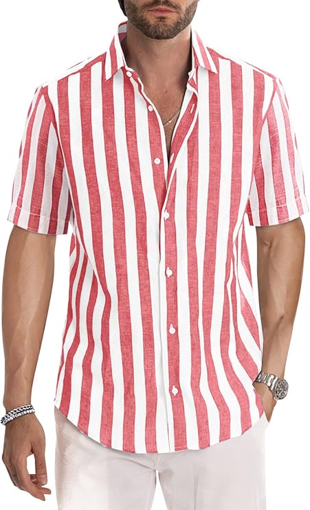 Gestreiftes Hemd | Knopfleiste | Kragen | Kurzarmhemd | Herrenhemd-Rot-S-Chaps Herrenmode