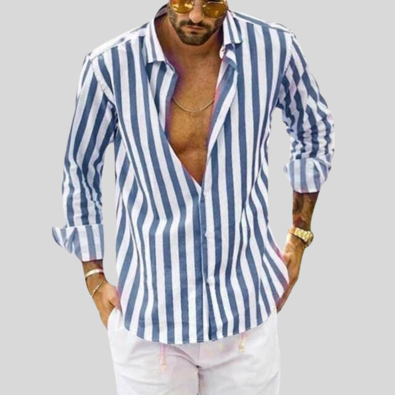 Gestreiftes Hemd – Langarm – Knopfleiste – Leinenhemd – Herrenhemden-Blau-XXS-Chaps Herrenmode