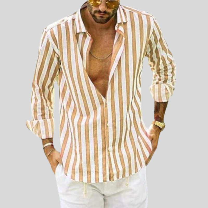 Gestreiftes Hemd – Langarm – Knopfleiste – Leinenhemd – Herrenhemden-Gelb-XXS-Chaps Herrenmode