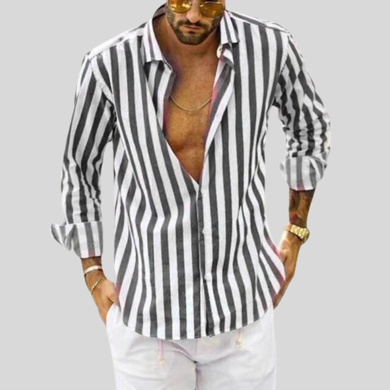 Gestreiftes Hemd – Langarm – Knopfleiste – Leinenhemd – Herrenhemden-Grau-XXS-Chaps Herrenmode