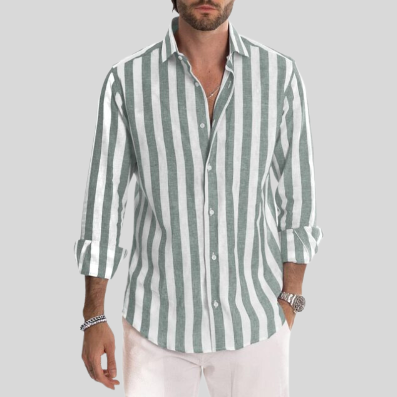 Gestreiftes Hemd – Langarm – Knopfleiste – Leinenhemd – Herrenhemden-Grün-XXS-Chaps Herrenmode