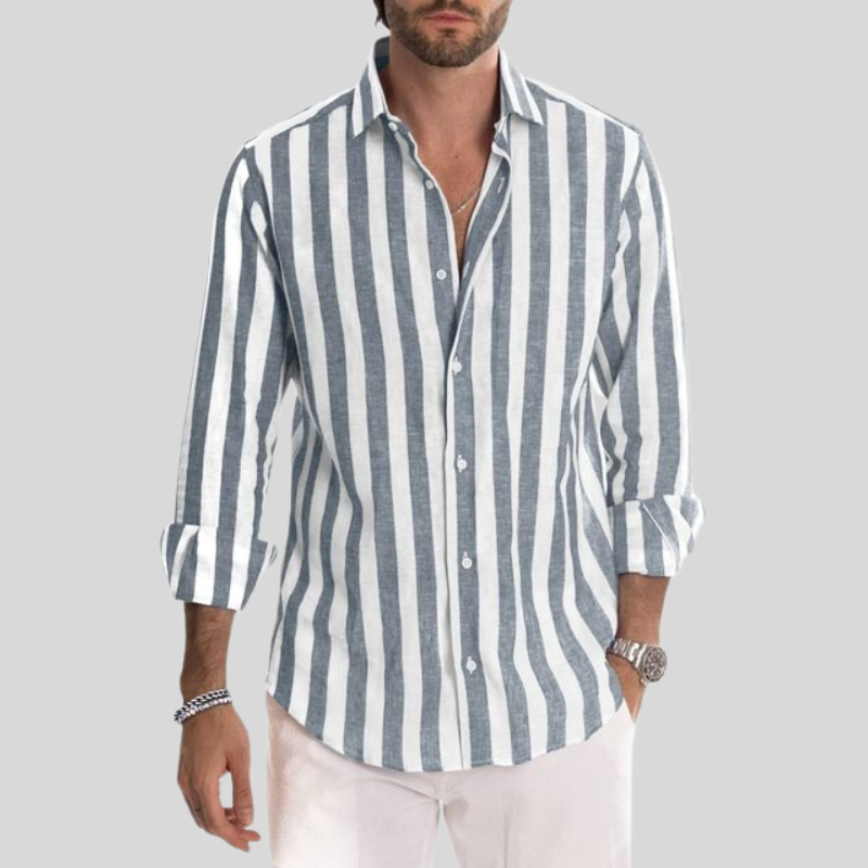 Gestreiftes Hemd – Langarm – Knopfleiste – Leinenhemd – Herrenhemden-Hellblau-XXS-Chaps Herrenmode