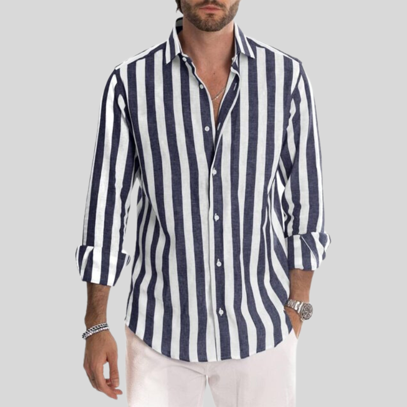Gestreiftes Hemd – Langarm – Knopfleiste – Leinenhemd – Herrenhemden-Marine blau-XXS-Chaps Herrenmode