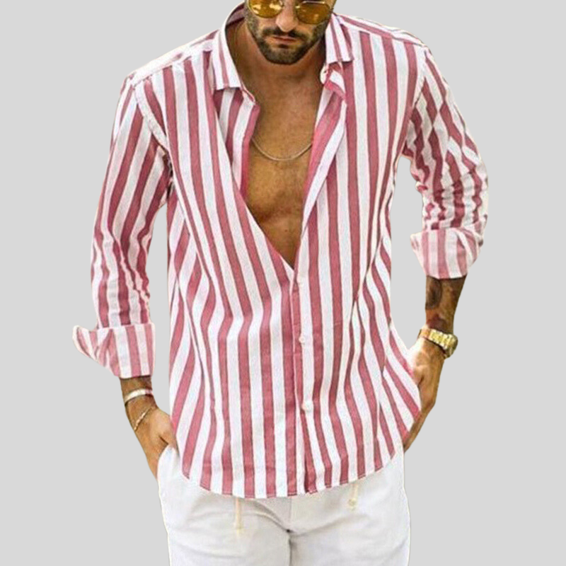 Gestreiftes Hemd – Langarm – Knopfleiste – Leinenhemd – Herrenhemden-Rosa-XXS-Chaps Herrenmode