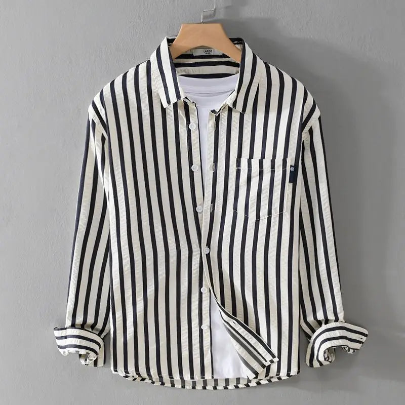 Gestreiftes Hemd - Polo - Button-Up - Langarmhemd - Herrenhemden-Schwarz-S-Chaps Herrenmode