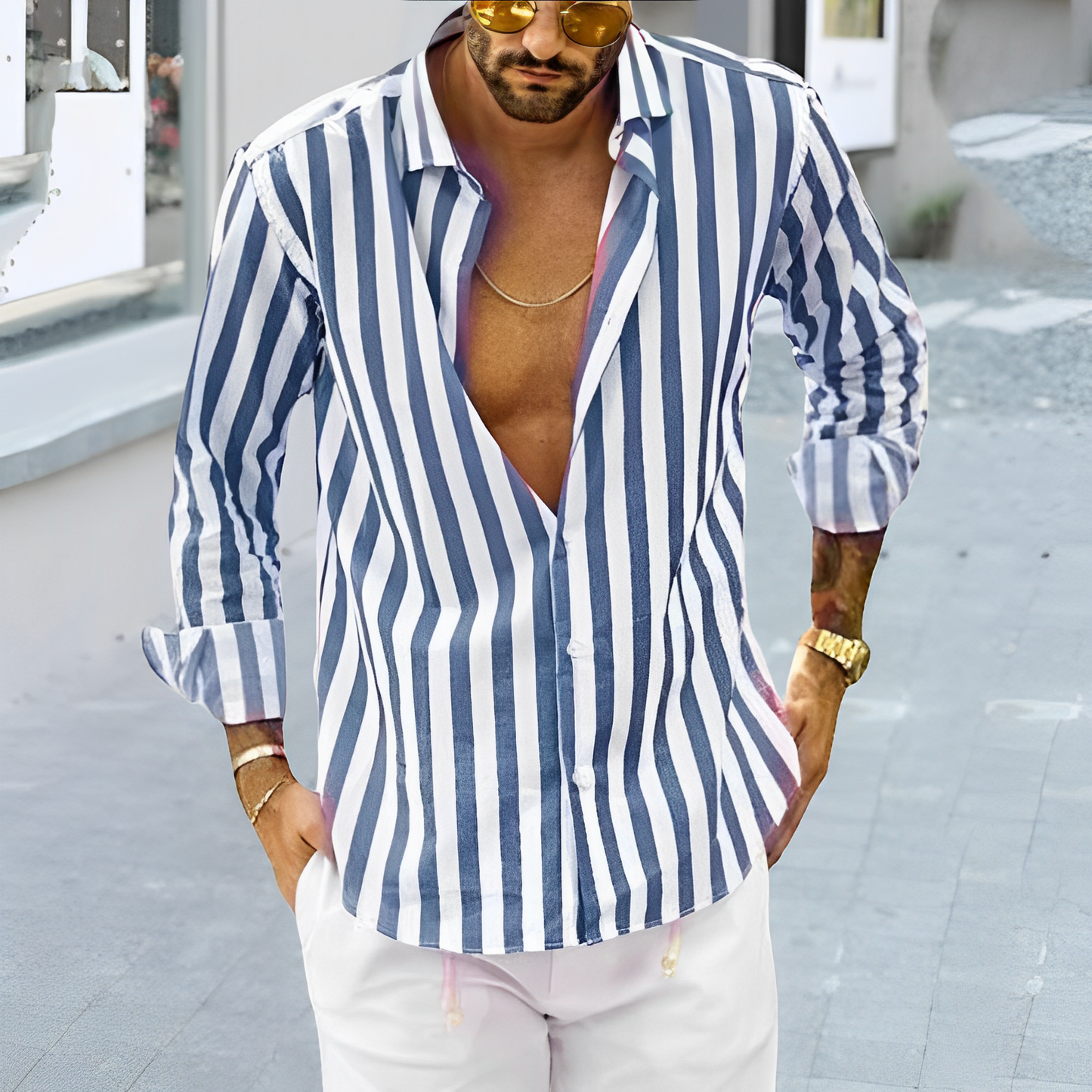 Gestreiftes Hemd – lässiges, langärmliges Herrenhemd mit Knopfleiste-Blau-S-Chaps Herrenmode