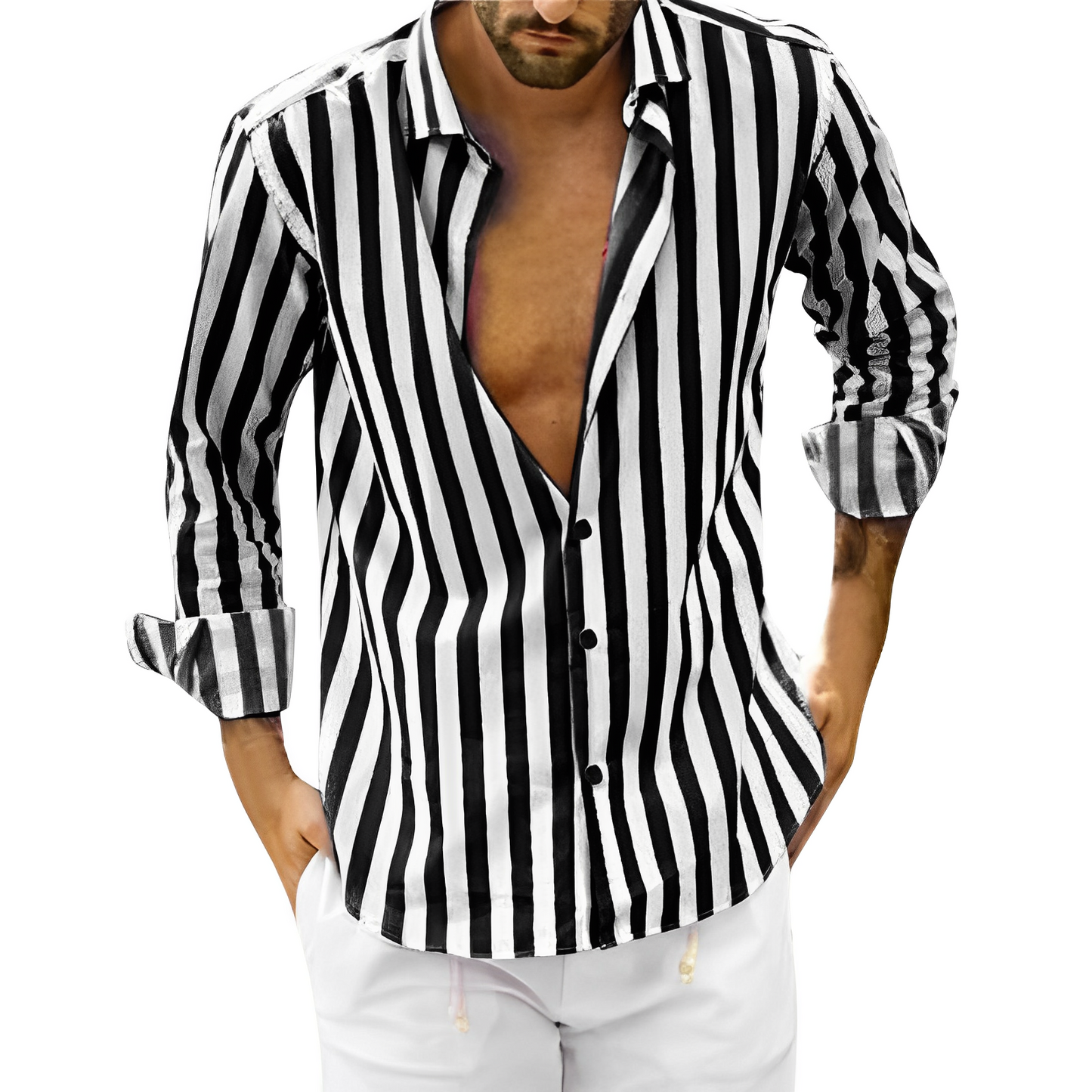 Gestreiftes Hemd – lässiges, langärmliges Herrenhemd mit Knopfleiste-Schwarz-S-Chaps Herrenmode