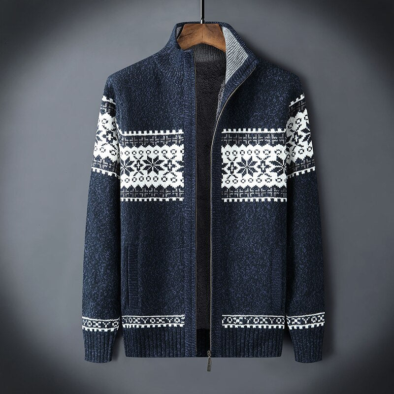 Gestrickte Strickjacke | Winter | Schneeflocke | Strickjacke mit Reißverschluss | Herren-Strickmode-Blau-S-Chaps Herrenmode