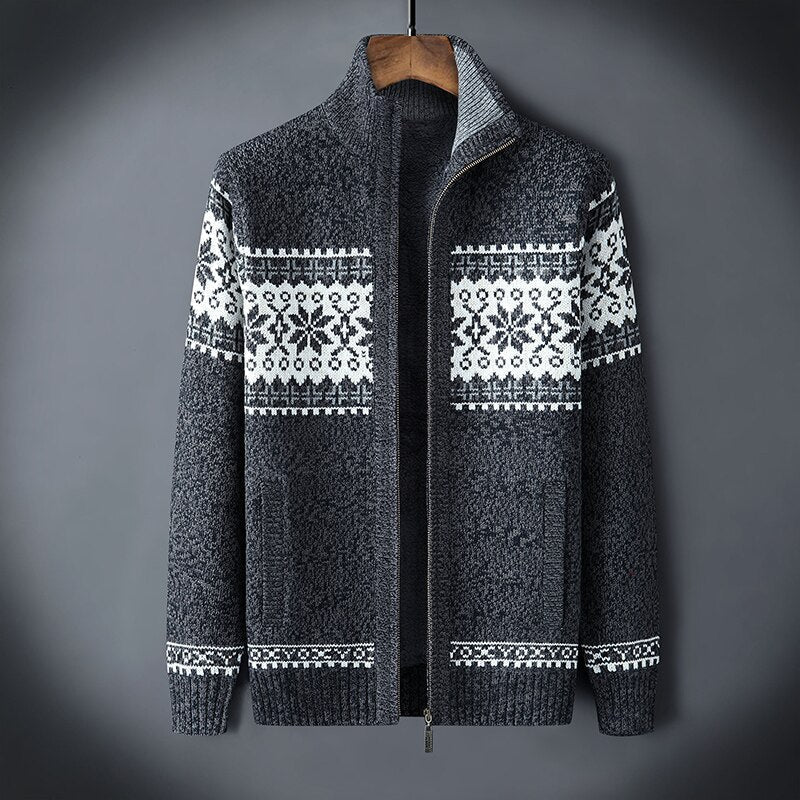 Gestrickte Strickjacke | Winter | Schneeflocke | Strickjacke mit Reißverschluss | Herren-Strickmode-Grau-S-Chaps Herrenmode