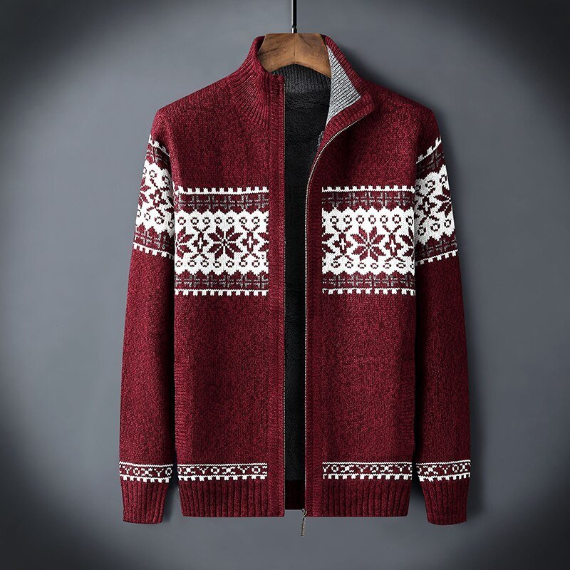 Gestrickte Strickjacke | Winter | Schneeflocke | Strickjacke mit Reißverschluss | Herren-Strickmode-Rot-S-Chaps Herrenmode