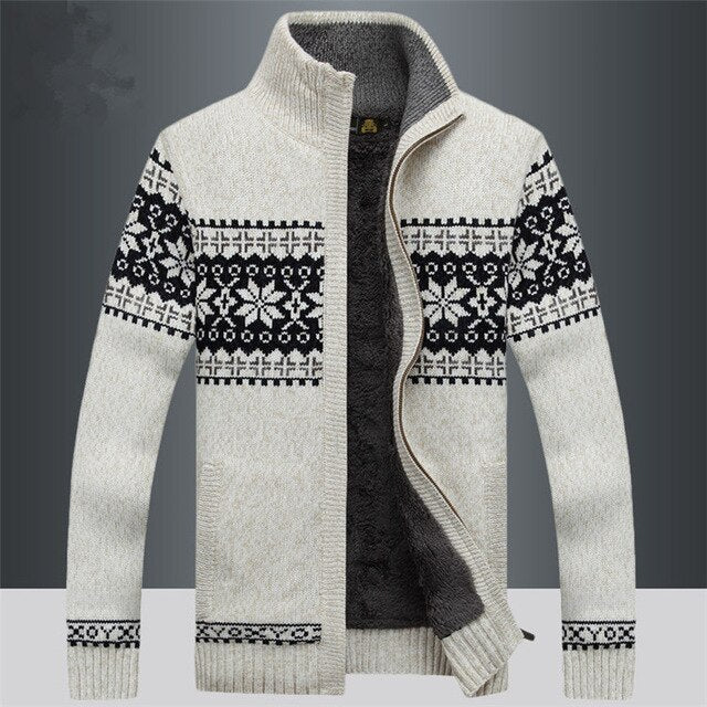 Gestrickte Strickjacke | Winter | Schneeflocke | Strickjacke mit Reißverschluss | Herren-Strickmode-Weiß-S-Chaps Herrenmode