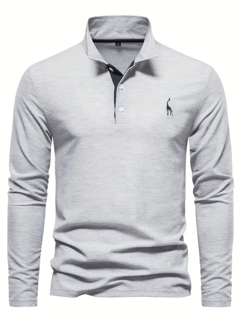 Giraffe Polohemd | Langarmhemd mit Revers für Männer-Hellgrau-S-Chaps Herrenmode