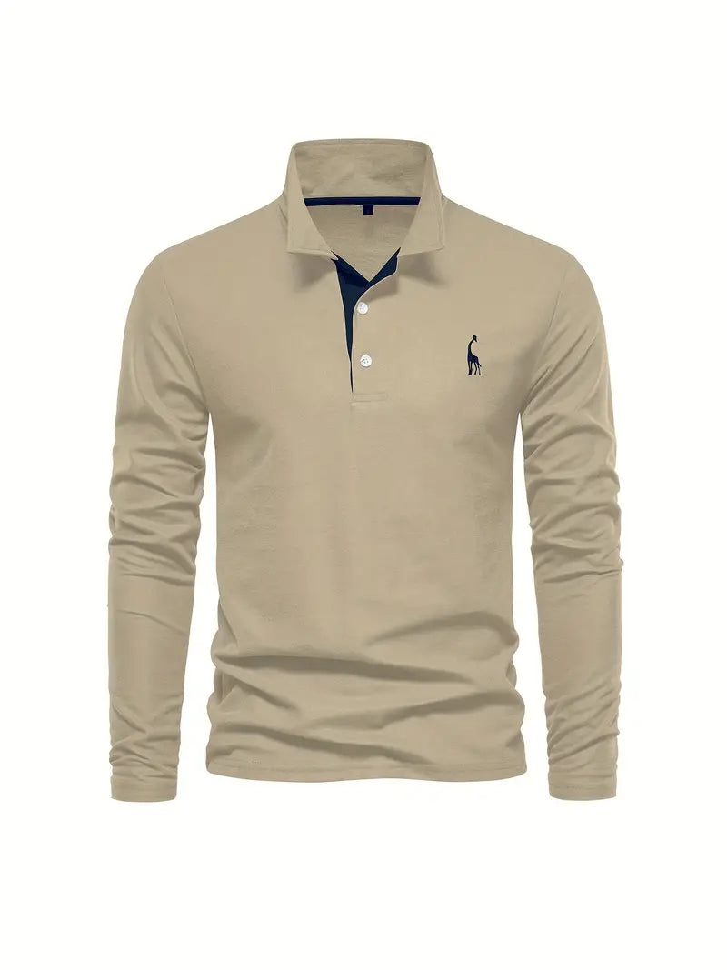 Giraffe Polohemd | Langarmhemd mit Revers für Männer-Khaki-S-Chaps Herrenmode