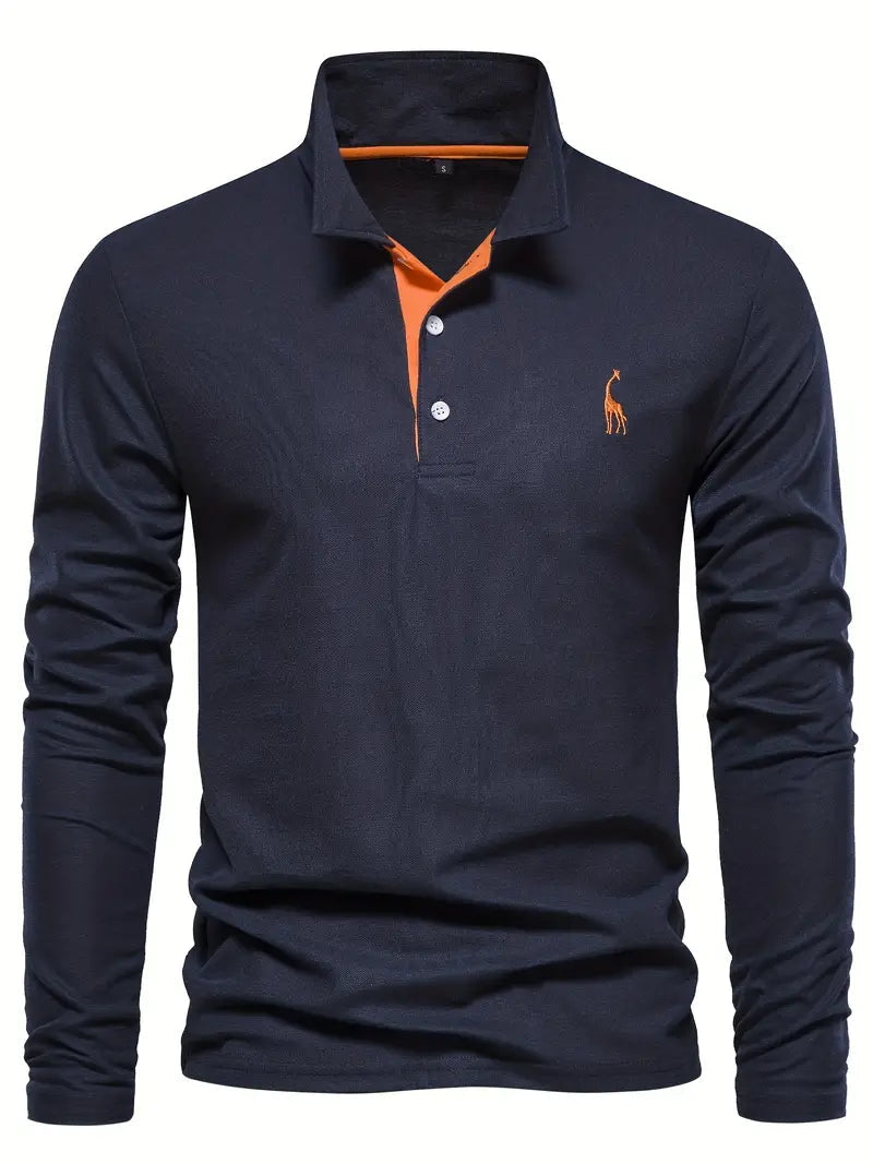 Giraffe Polohemd | Langarmhemd mit Revers für Männer-Marineblau-S-Chaps Herrenmode