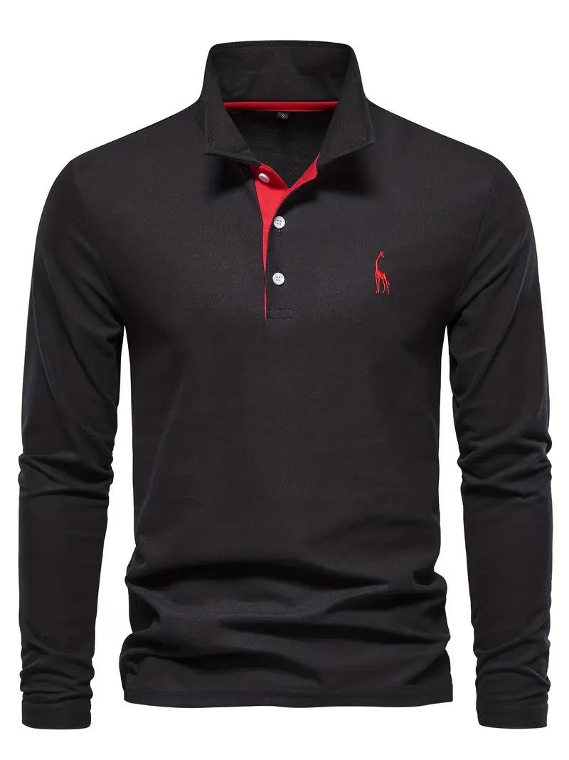 Giraffe Polohemd | Langarmhemd mit Revers für Männer-Schwarz-S-Chaps Herrenmode