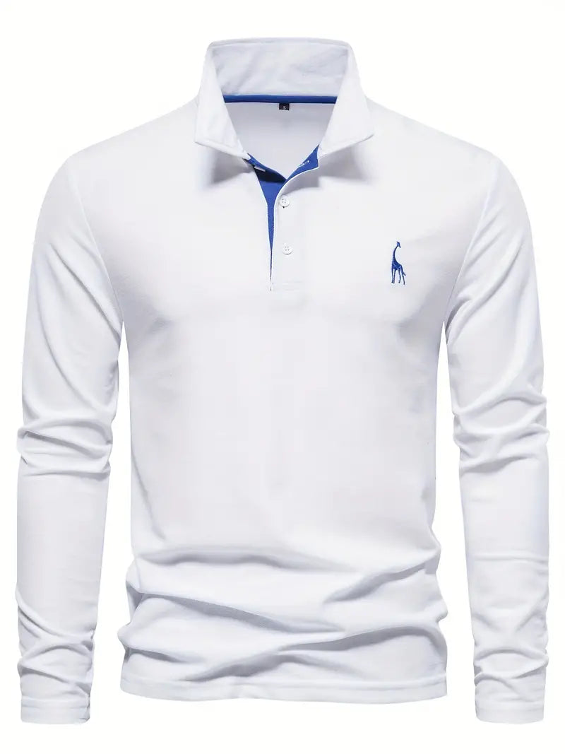 Giraffe Polohemd | Langarmhemd mit Revers für Männer-Weiß-S-Chaps Herrenmode