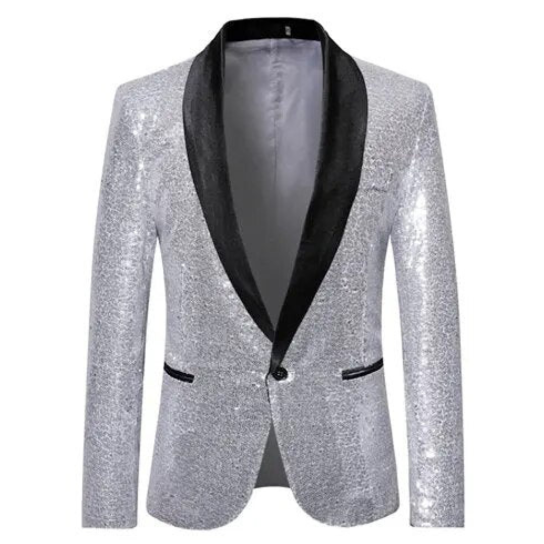 Glitzerblazer | Einreihig | Glitzernd | Partyblazer | Herrenblazer-Silber-S-Chaps Herrenmode