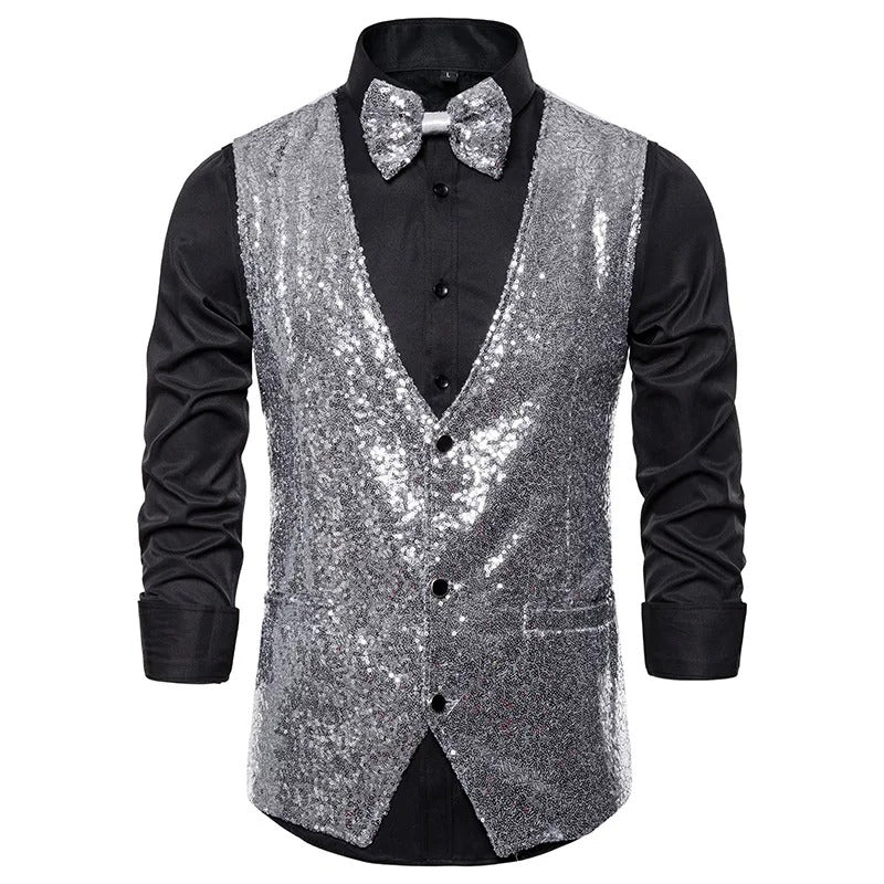 Glitzerweste – ärmellose, einreihige Partyweste und Fliege für Herren mit Glitzersteinen-Pailletten-S-Chaps Herrenmode