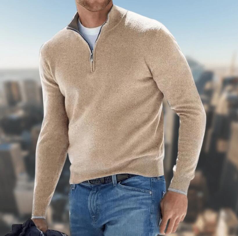 Halber Reißverschluss-Pullover | Gestrickt | Langarm | Pullover-Pullover | Herren Pullover mit viertel Reißverschluss-Beige-S-Chaps Herrenmode