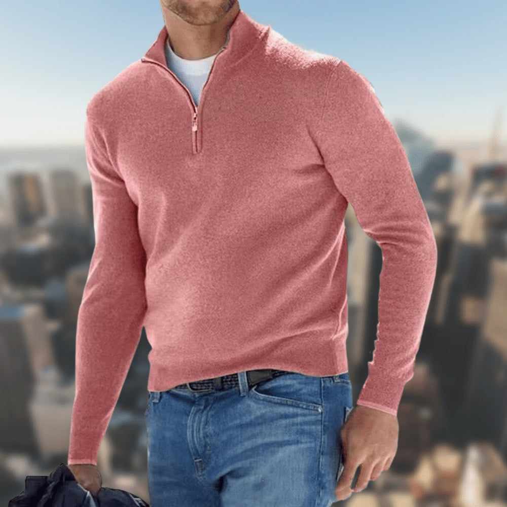Halber Reißverschluss-Pullover | Gestrickt | Langarm | Pullover-Pullover | Herren Pullover mit viertel Reißverschluss-Rosa-S-Chaps Herrenmode