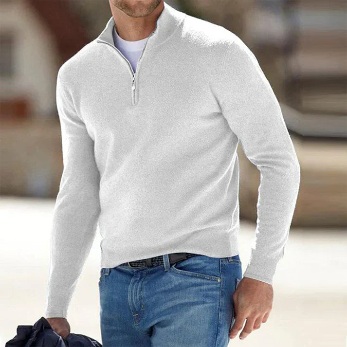 Halber Reißverschluss-Pullover | Gestrickt | Langarm | Pullover-Pullover | Herren Pullover mit viertel Reißverschluss-Weiß-S-Chaps Herrenmode