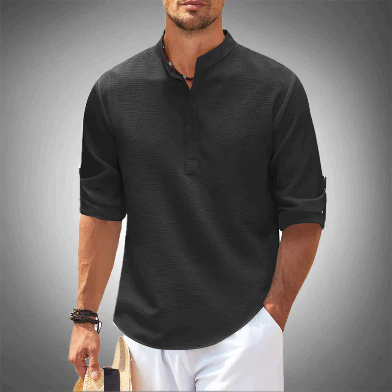 Halbknopfhemd – atmungsaktives, locker sitzendes Langarm-Poloshirt für Herren-Schwarz-S-Chaps Herrenmode