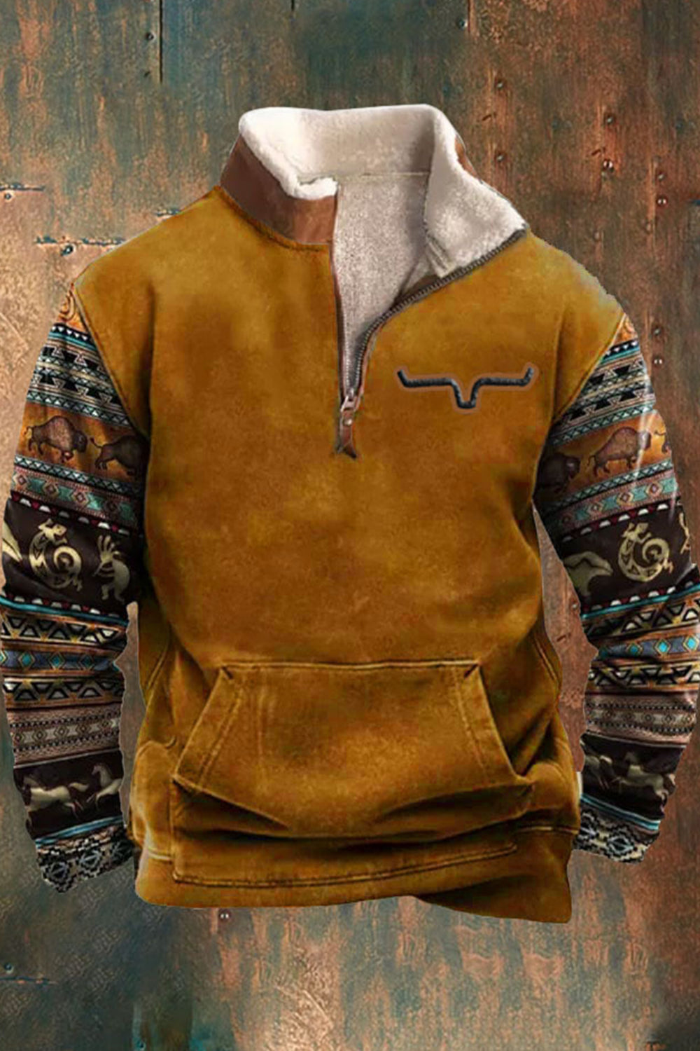 Half-Zip Pullover | Fleece gefüttert | Kängurutasche | Sweatshirt | Herren Winterbekleidung-Gelb-S-Chaps Herrenmode