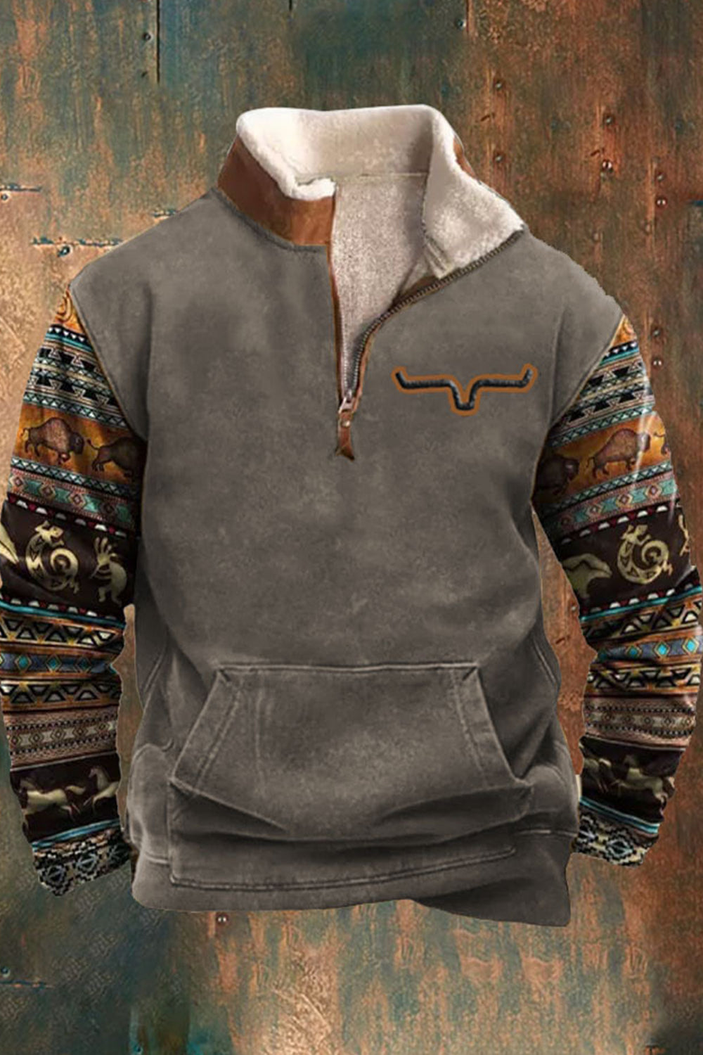 Half-Zip Pullover | Fleece gefüttert | Kängurutasche | Sweatshirt | Herren Winterbekleidung-Grau-S-Chaps Herrenmode