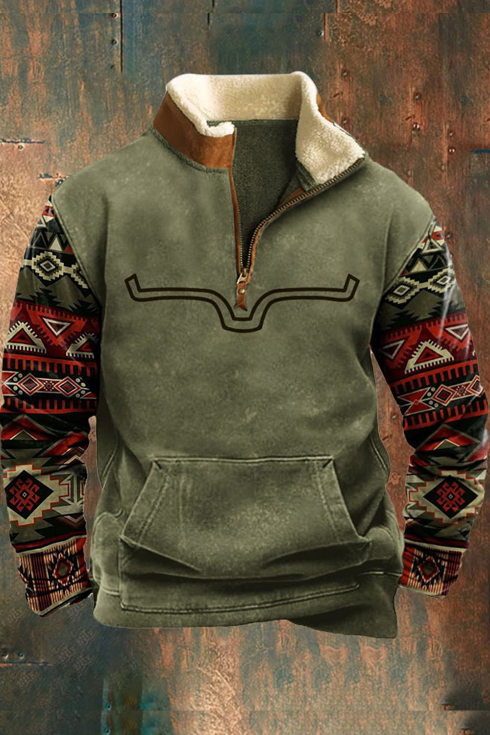 Half-Zip Pullover | Fleece gefüttert | Kängurutasche | Sweatshirt | Herren Winterbekleidung-Grün-S-Chaps Herrenmode