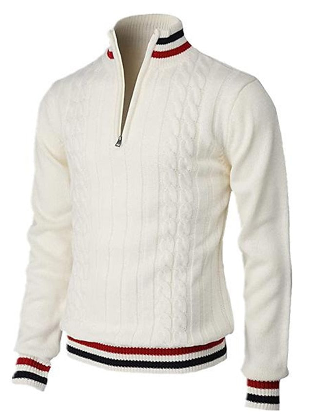 Half-Zip Sweater - Herren Stehkragen Zopfstrickpullover-Weiß-XS-Chaps Herrenmode