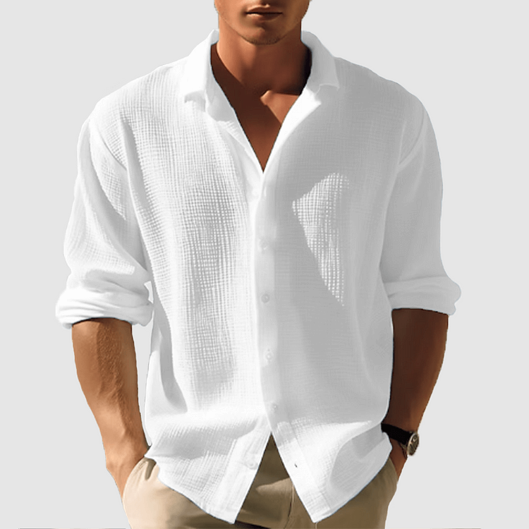 Hemd mit Knöpfen - Leichtes Sommerhemd für Männer mit Revers und langen Ärmeln-Weiß-S-Chaps Herrenmode