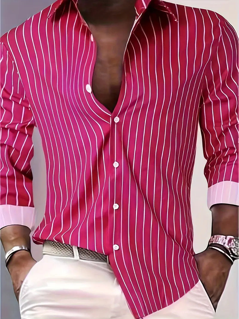 Hemd mit Knopfleiste - Gestreiftes Langarmhemd für Männer mit schmaler Passform-Rosenrot-XS-Chaps Herrenmode