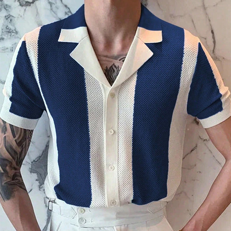 Hemd mit Knopfleiste – Kurzarm – Gestreift – Polohemd – Herrenhemden-Dunkelblau-S-Chaps Herrenmode