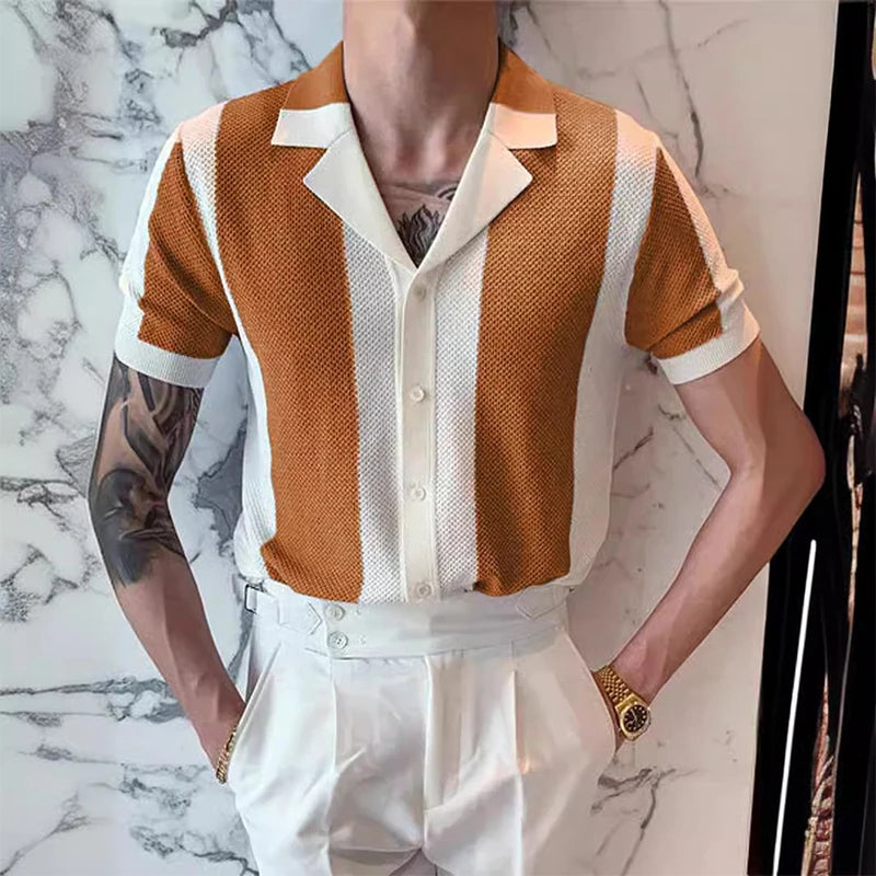 Hemd mit Knopfleiste – Kurzarm – Gestreift – Polohemd – Herrenhemden-Gelb-S-Chaps Herrenmode